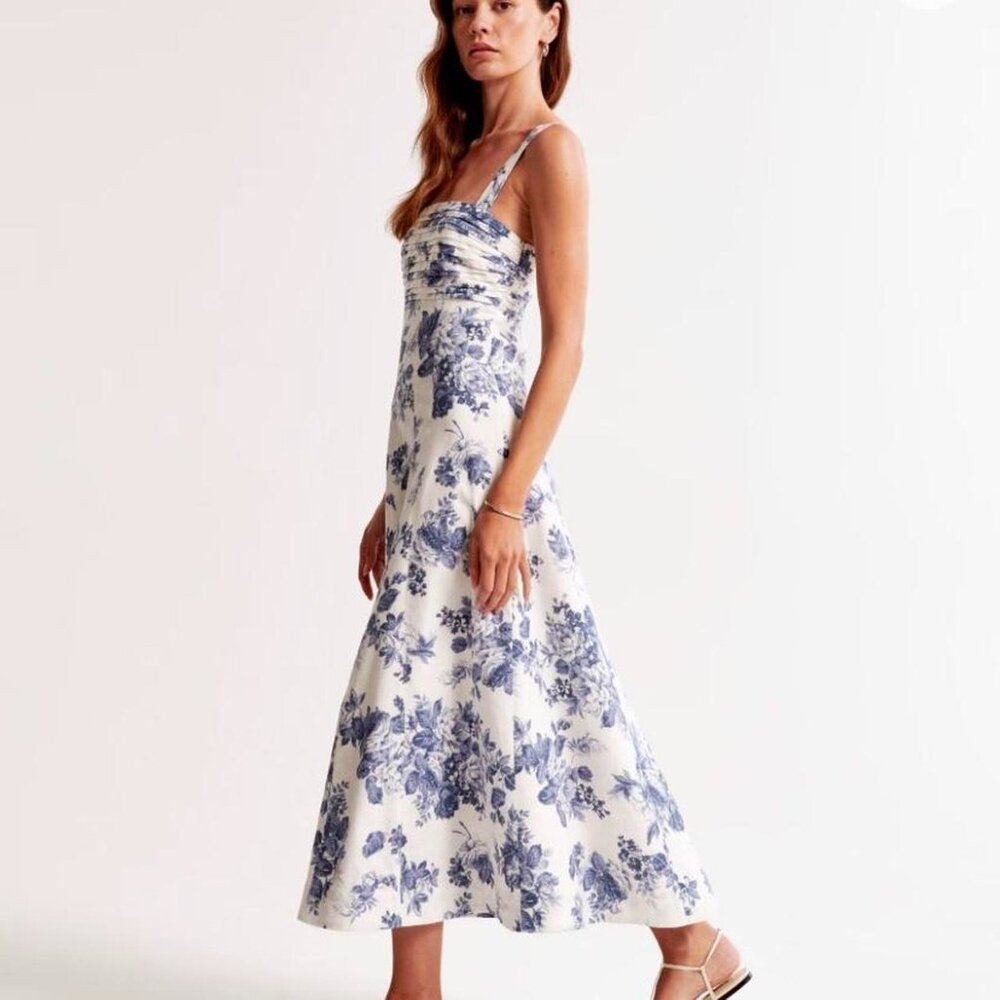 Abercrombie & Fitch Emerson Linen Fit and Flare Floral Blue and White Dress